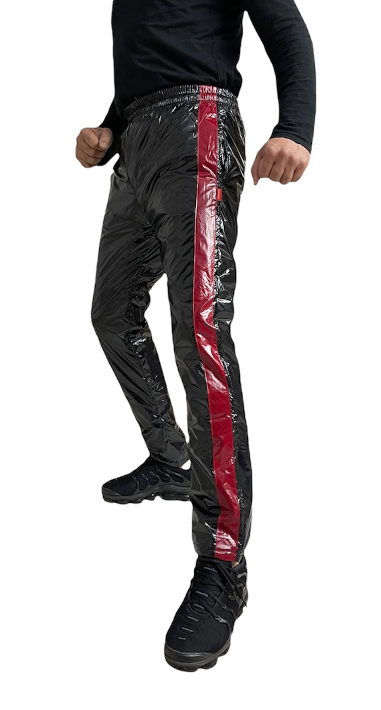 PU Nylon Sport Jogginghose aus PU Glanznylon rote Streifen