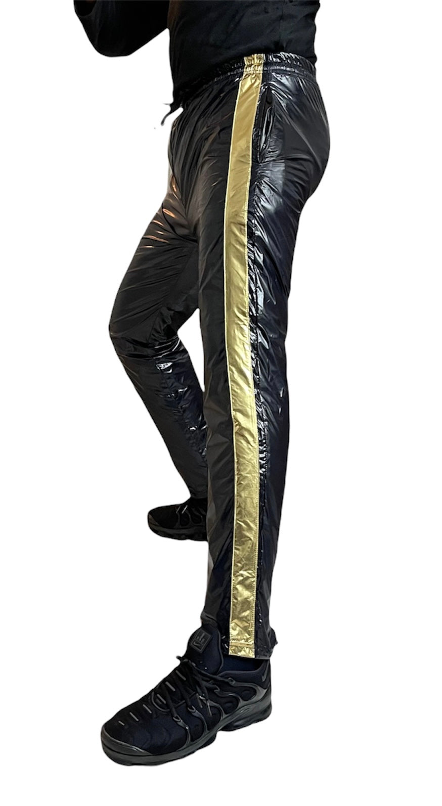 PU Nylon Sport Jogging hose aus PU Schwarz Gold Glanz Nylon