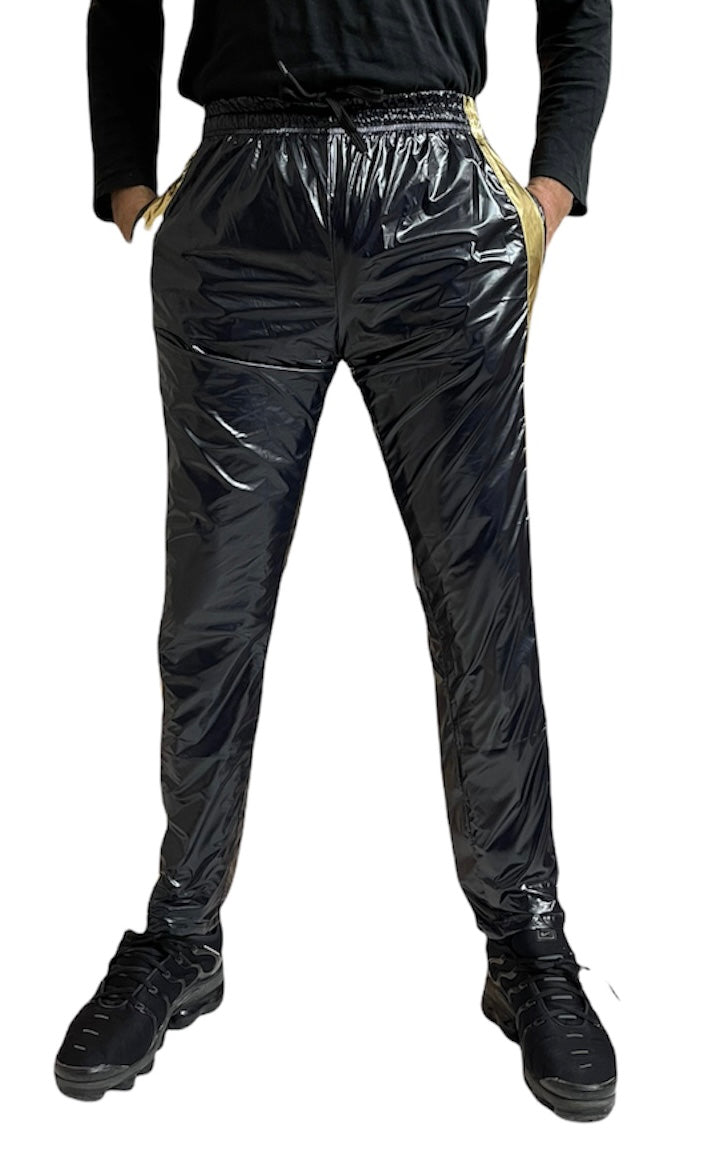 PU Nylon Sport Jogging hose aus PU Schwarz Gold Glanz Nylon