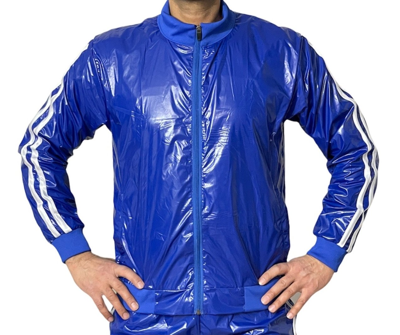 PU nylon sports jogging top made of PU nylon shiny Blue White