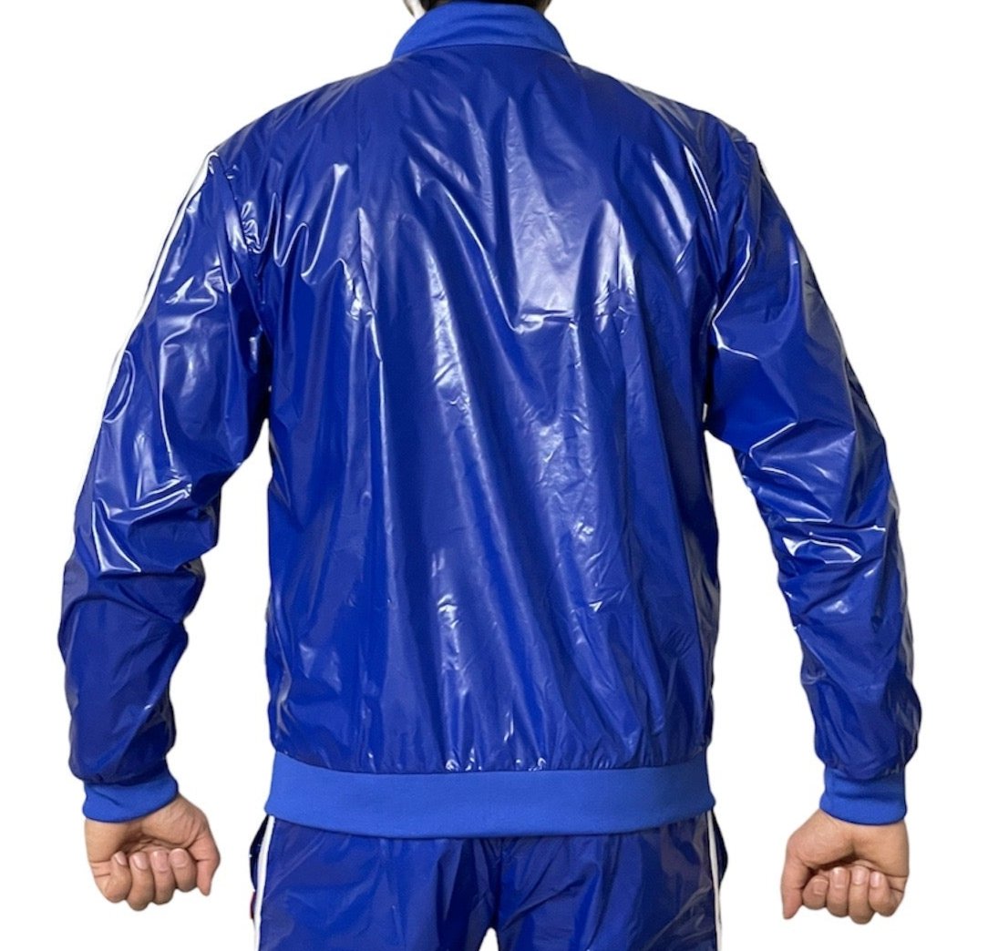 PU nylon sports jogging top made of PU nylon shiny Blue White