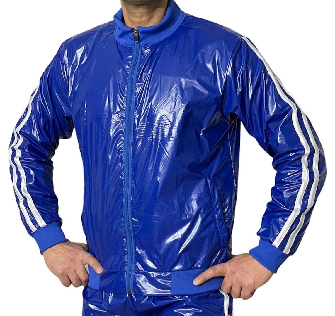 PU nylon sports jogging top made of PU nylon shiny Blue White