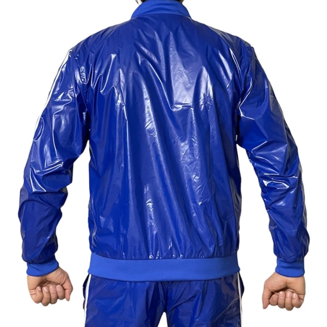 PU nylon sports jogging top made of PU nylon shiny Blue White
