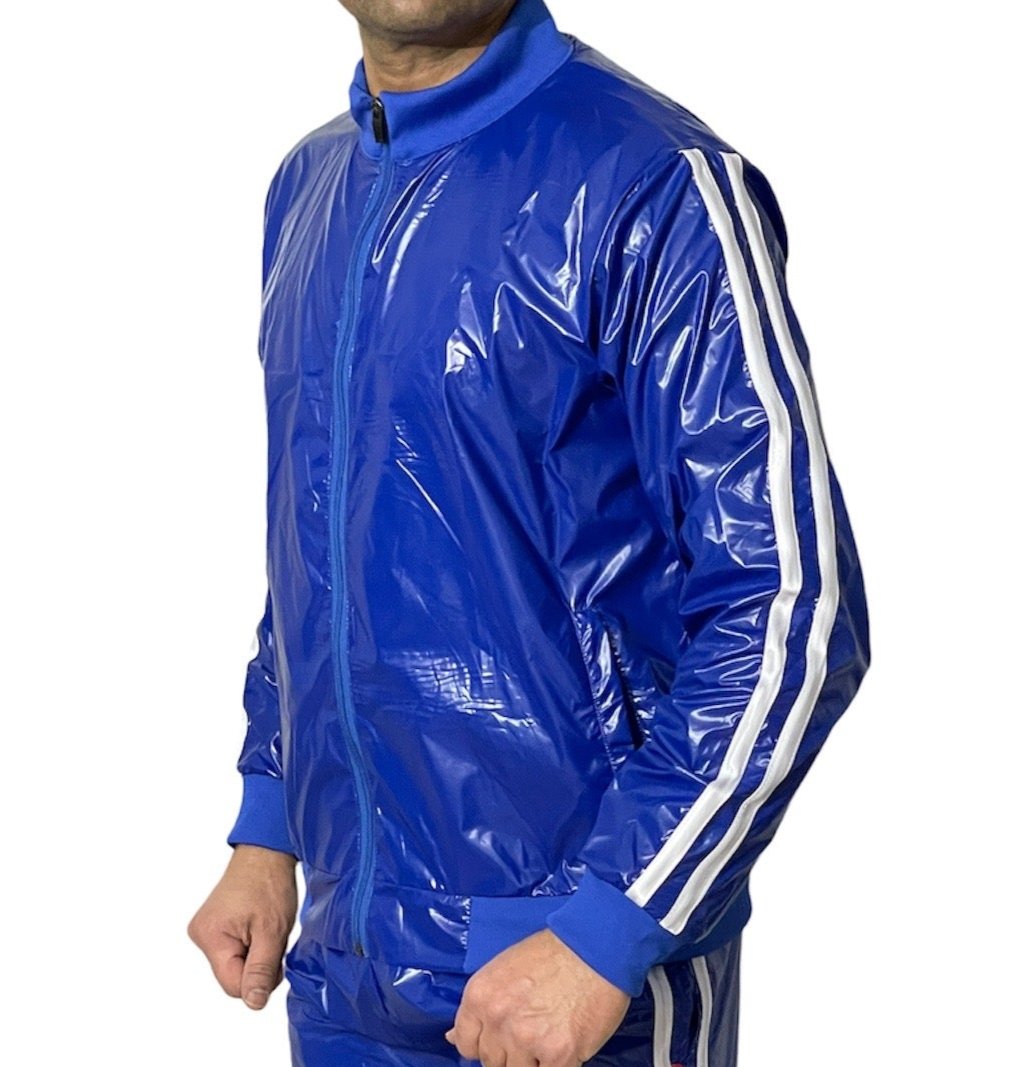 PU nylon sports jogging top made of PU nylon shiny Blue White