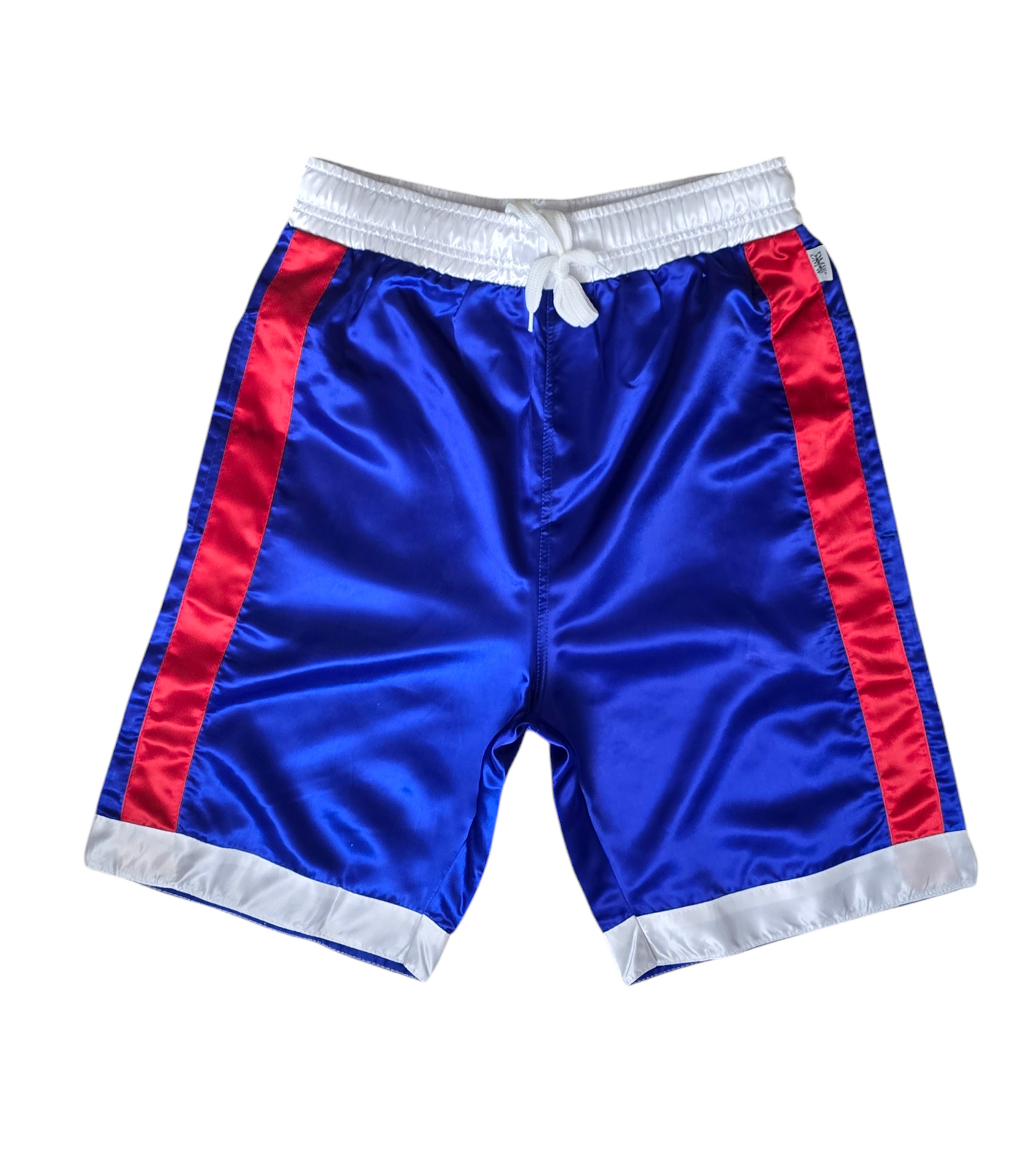 Glossy Blue Sports Shorts with Red and White Stripes.
