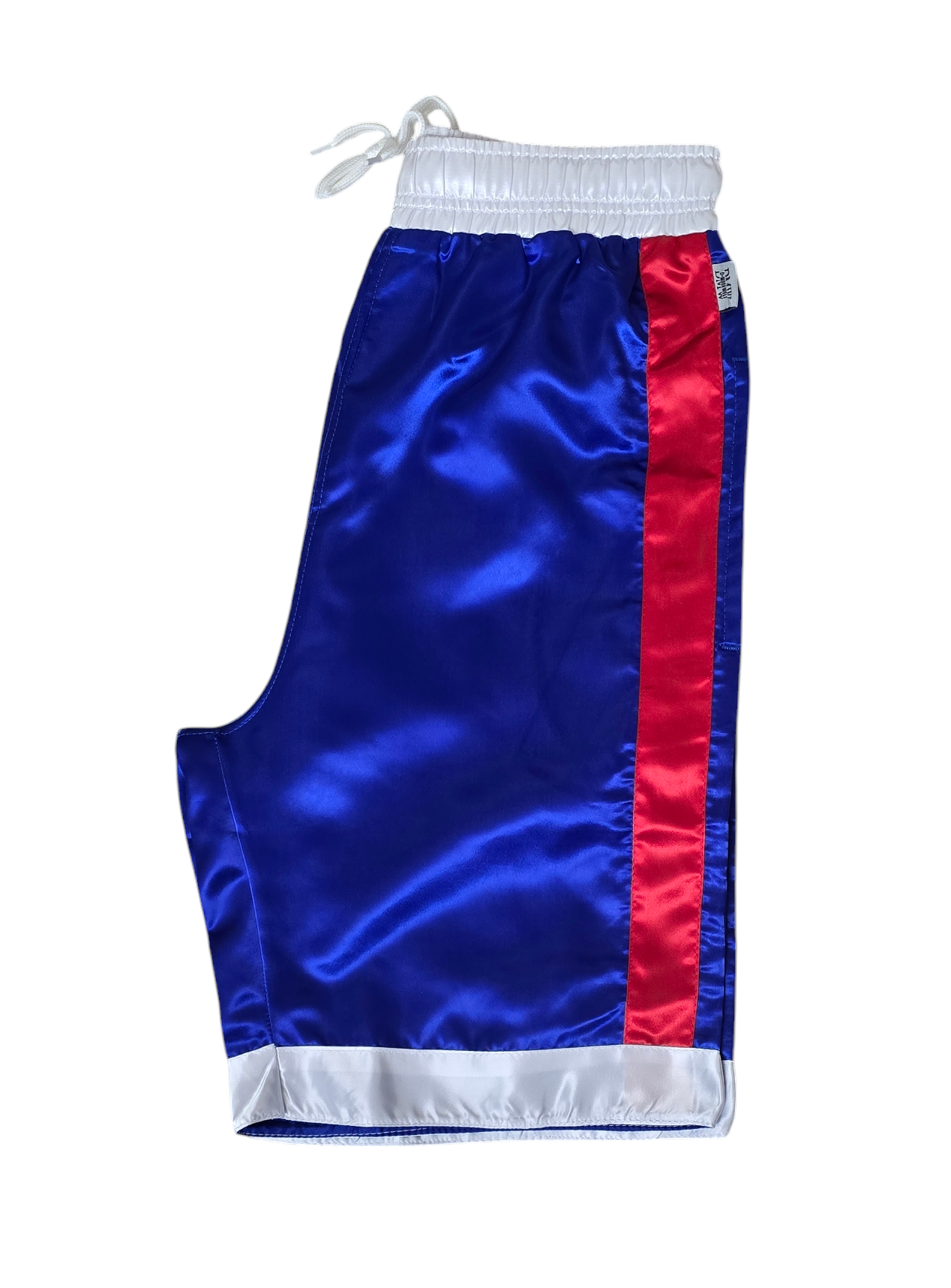 Glossy Blue Sports Shorts with Red and White Stripes.