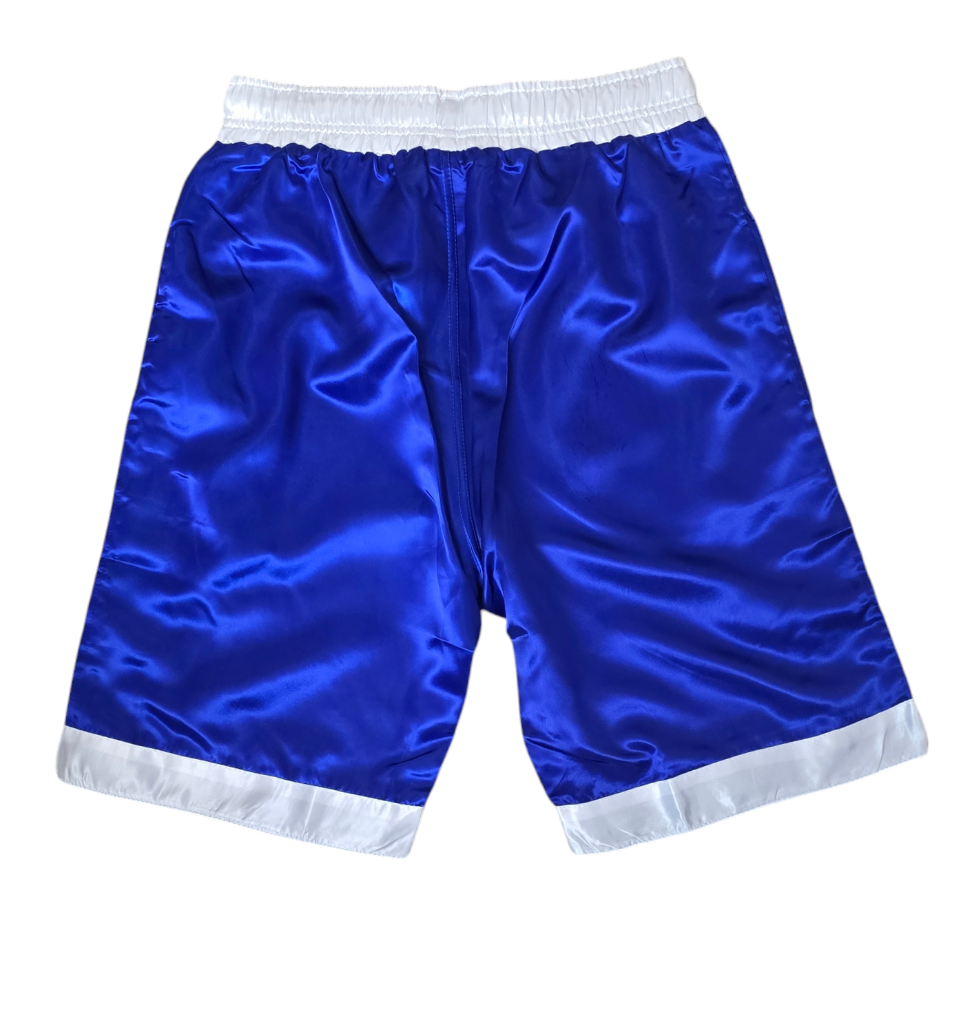 Glossy Blue Sports Shorts with Red and White Stripes.