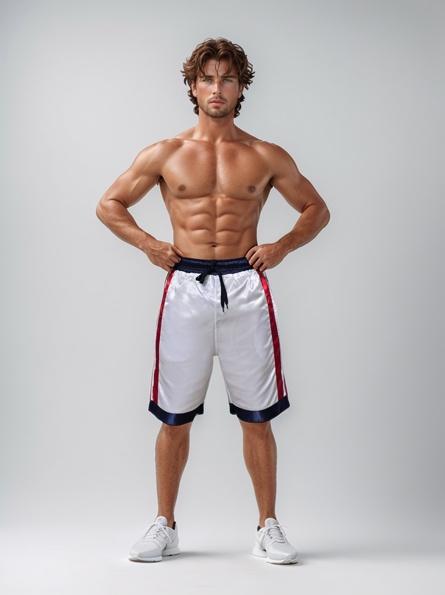 Glossy White Sports Shorts with Navy Blue and Red Stripes.