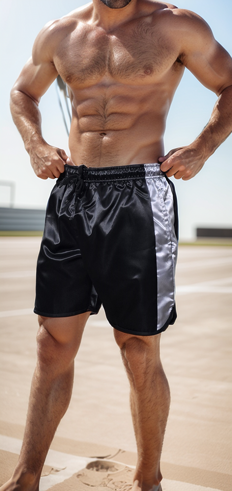 Black Shiny Satin Boxing Shorts with grey Stripes.