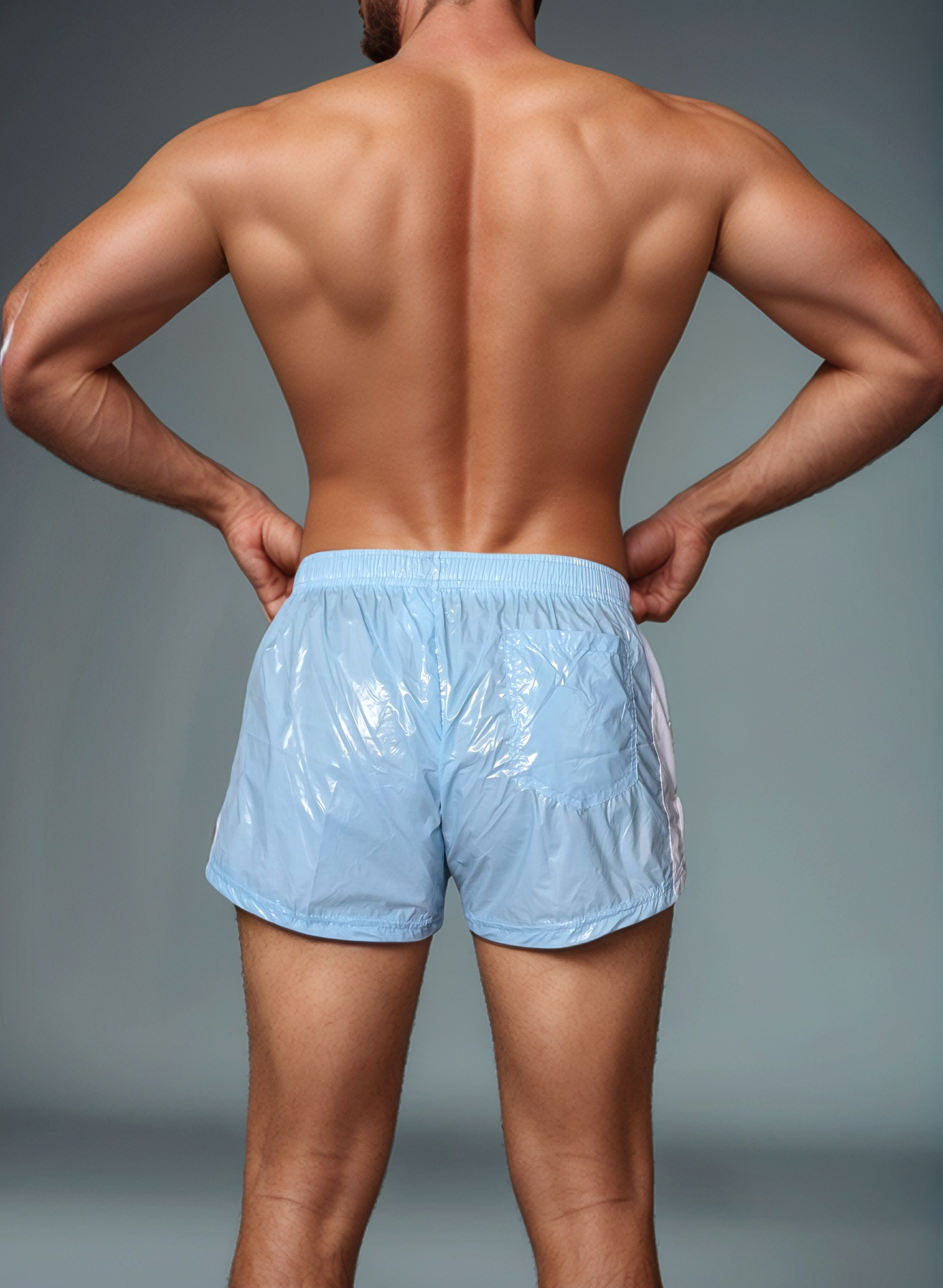 Sky Blue PU Nylon Retro Sports Shorts.