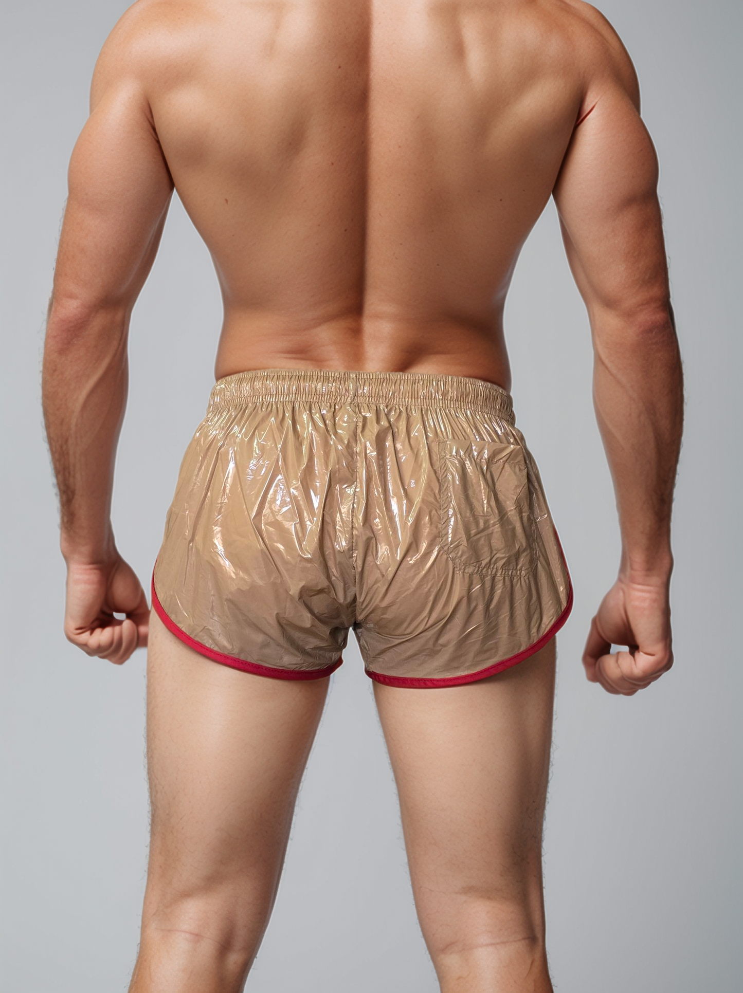 PU Nylon Knochenbraun High Cut Sport Sprint Shorts mit Gummizug Retro Shorts