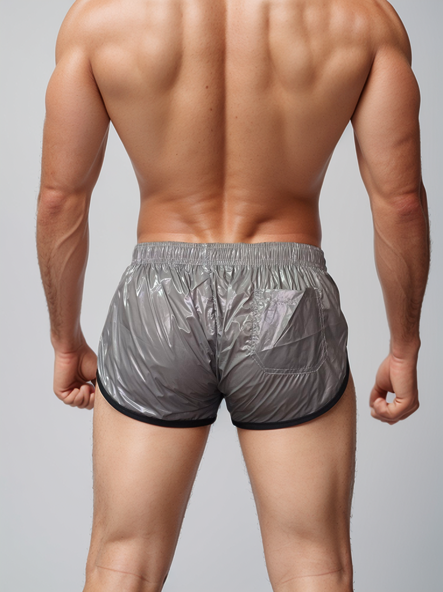 PU Nylon Grau Schwarz High Cut Sport Sprint Shorts mit Gummizug Retro Shorts