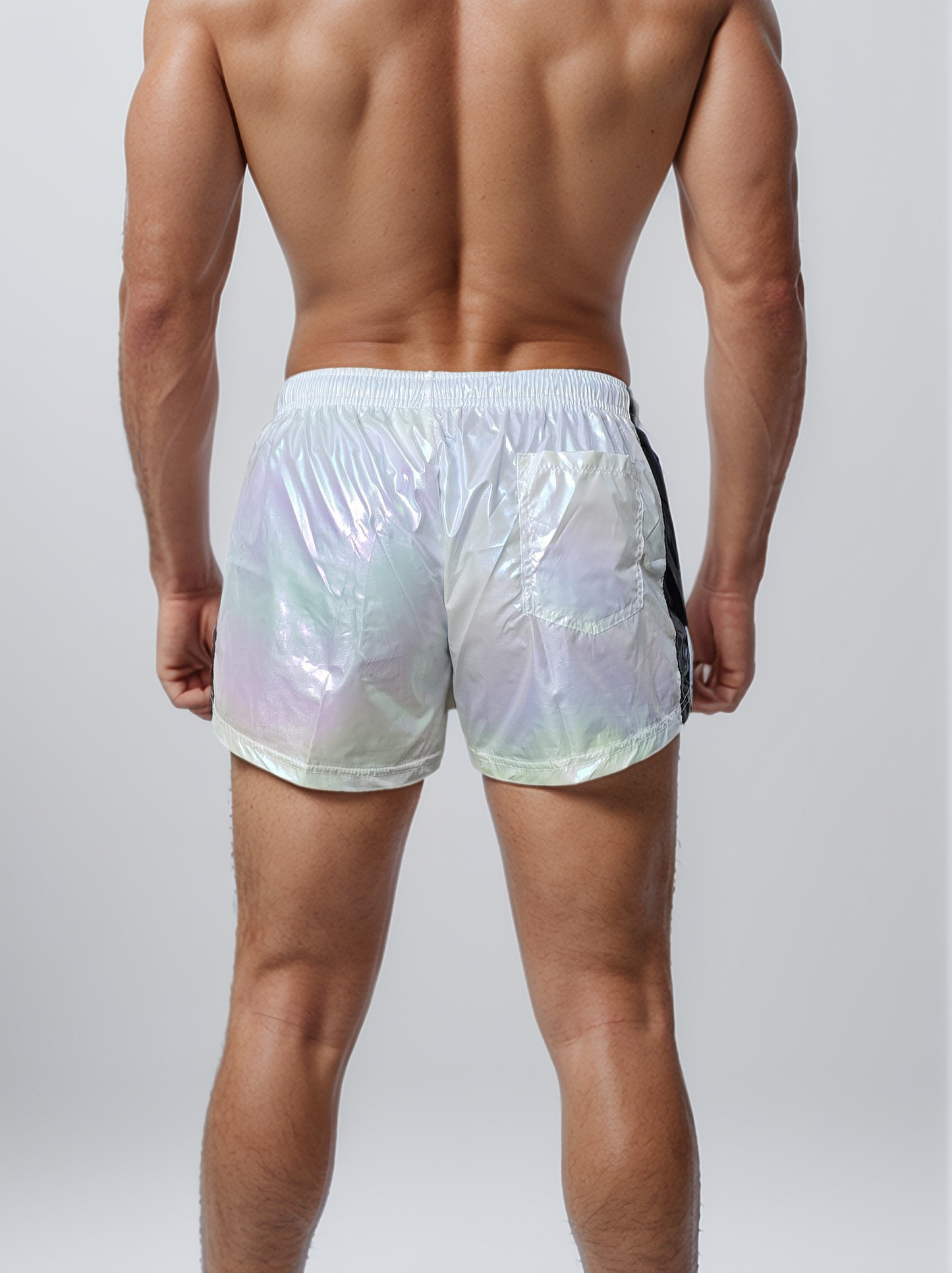 PU-Nylon Sprinter Shorts – Rainbow Holo with Black Side Stripes