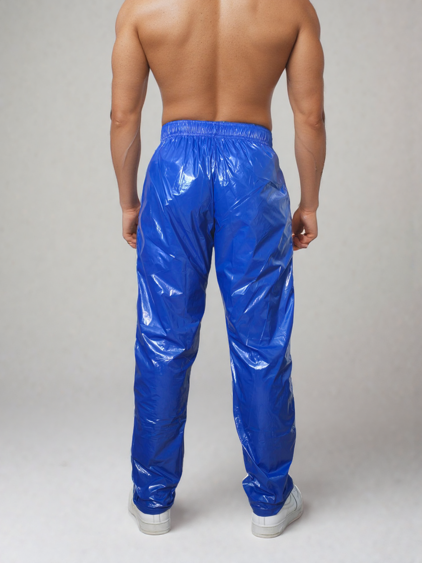 PU nylon sport jogging pants made of PU gloss nylon white strips