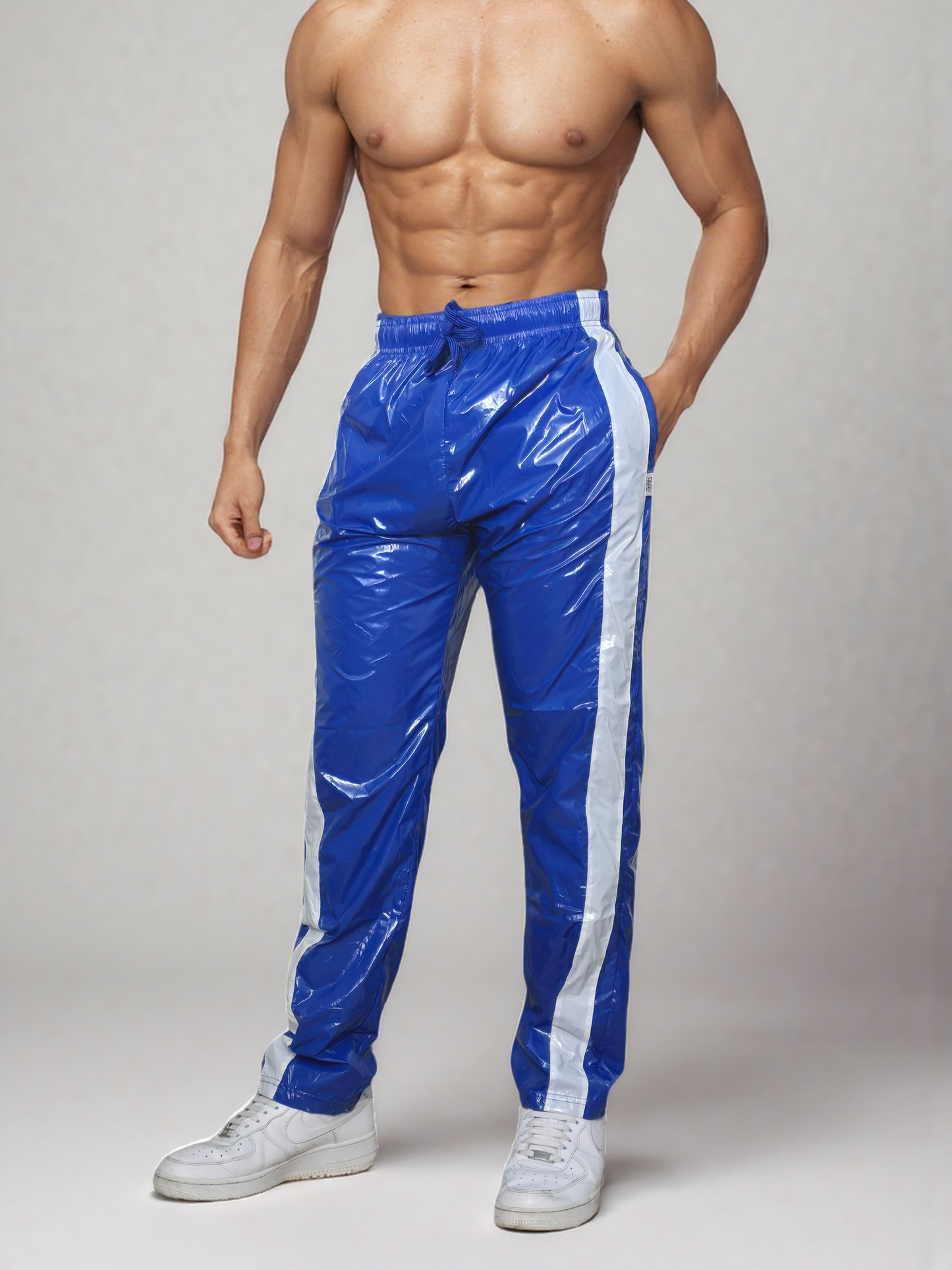 PU nylon sport jogging pants made of PU gloss nylon white strips