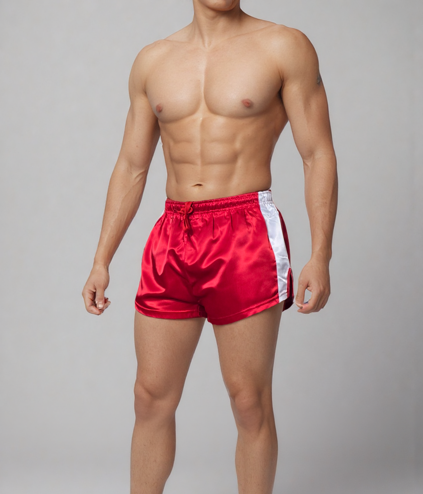 Retro Satin Rot Weiß Sport & Freizeit Shorts.