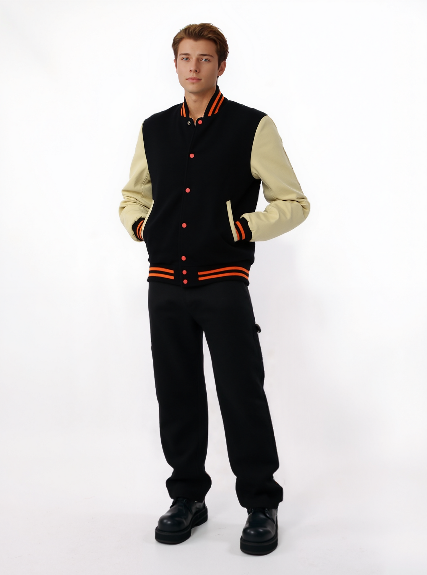 Black Wool Varsity Baseball Jacket with Creem Cowhide Leather Sleeves