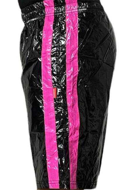 Black Shiny PU Nylon Shorts with Pink Stripes.