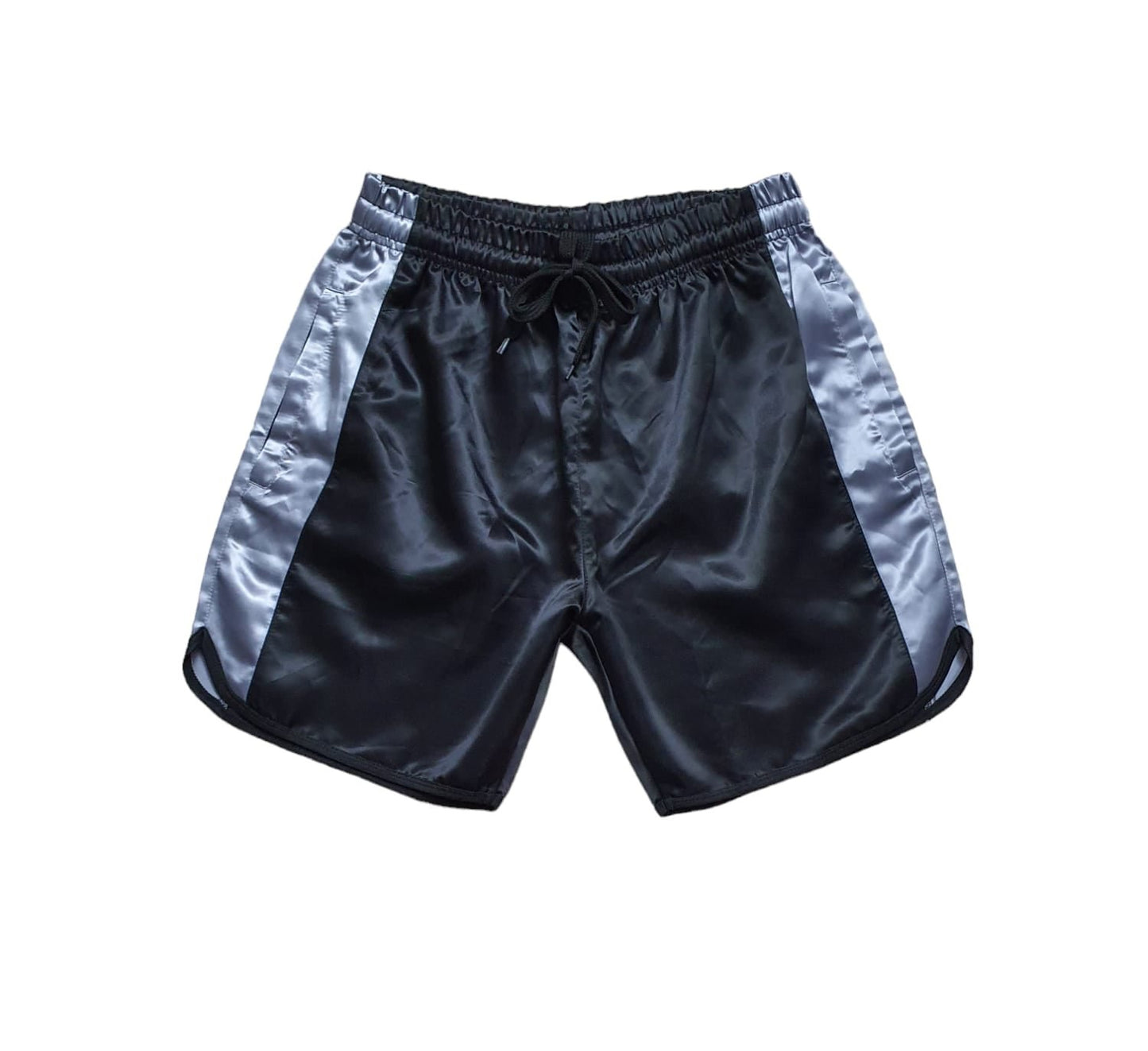 Black Shiny Satin Boxing Shorts with grey Stripes.