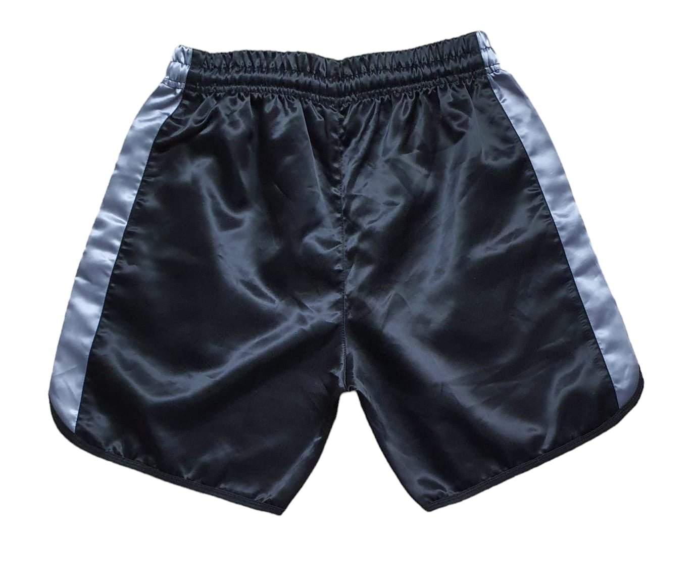 Black Shiny Satin Boxing Shorts with grey Stripes.