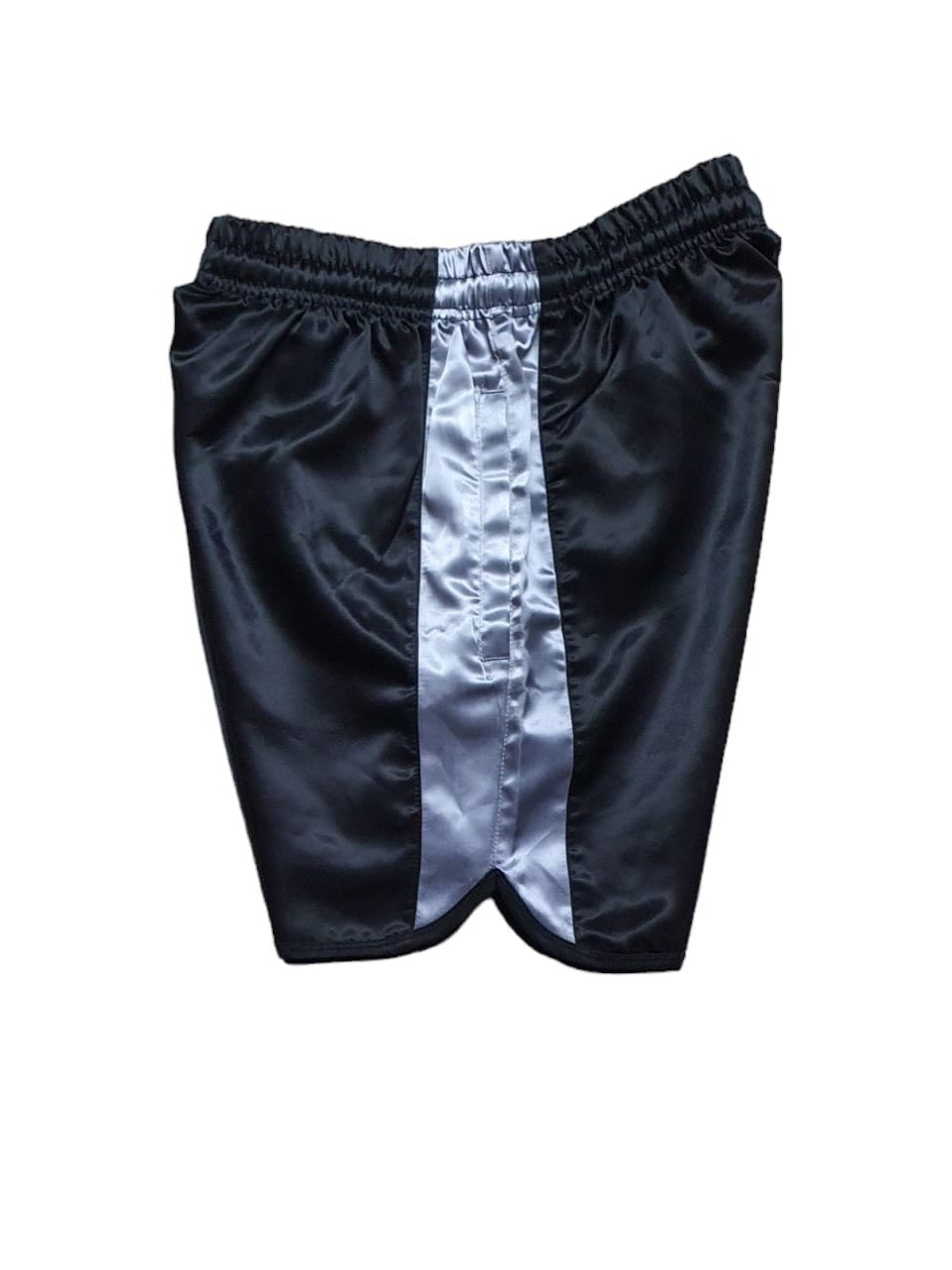 Black Shiny Satin Boxing Shorts with grey Stripes.