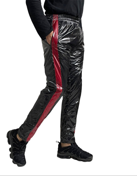 PU Nylon Sport Jogginghose aus PU Glanznylon rote Streifen