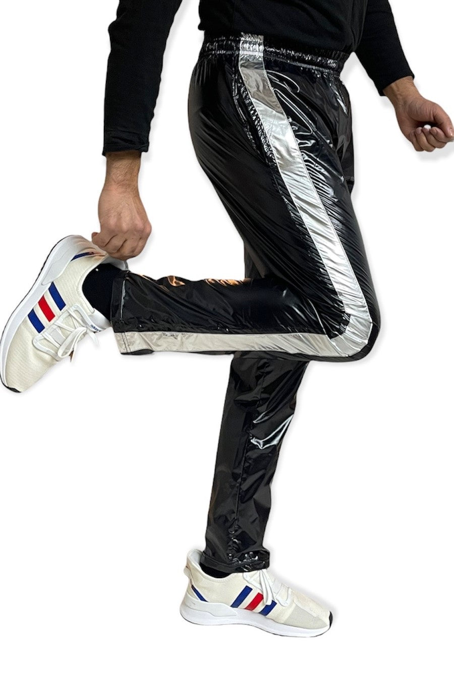 PU Nylon Sport Jogginghose aus PU Schwarz Silber Glanz Nylon
