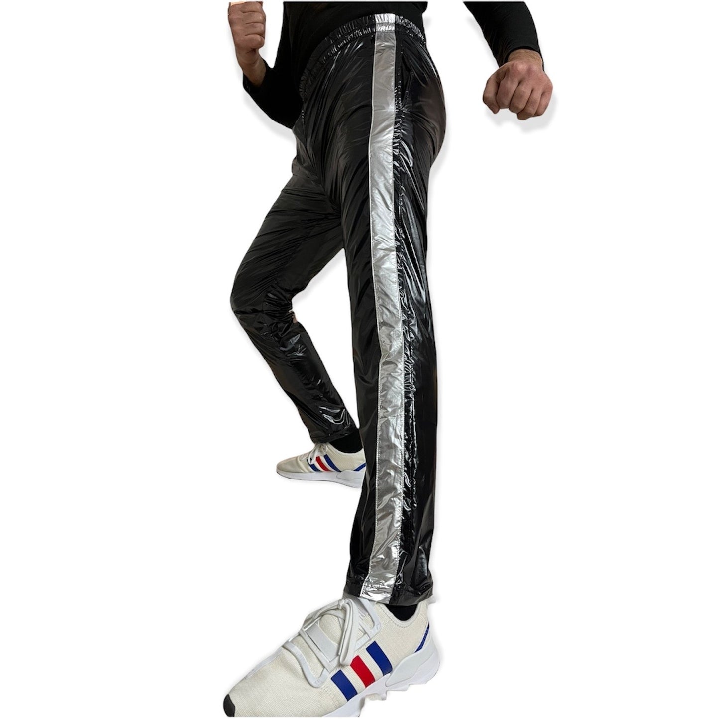 PU Nylon Sport Jogginghose aus PU Schwarz Silber Glanz Nylon