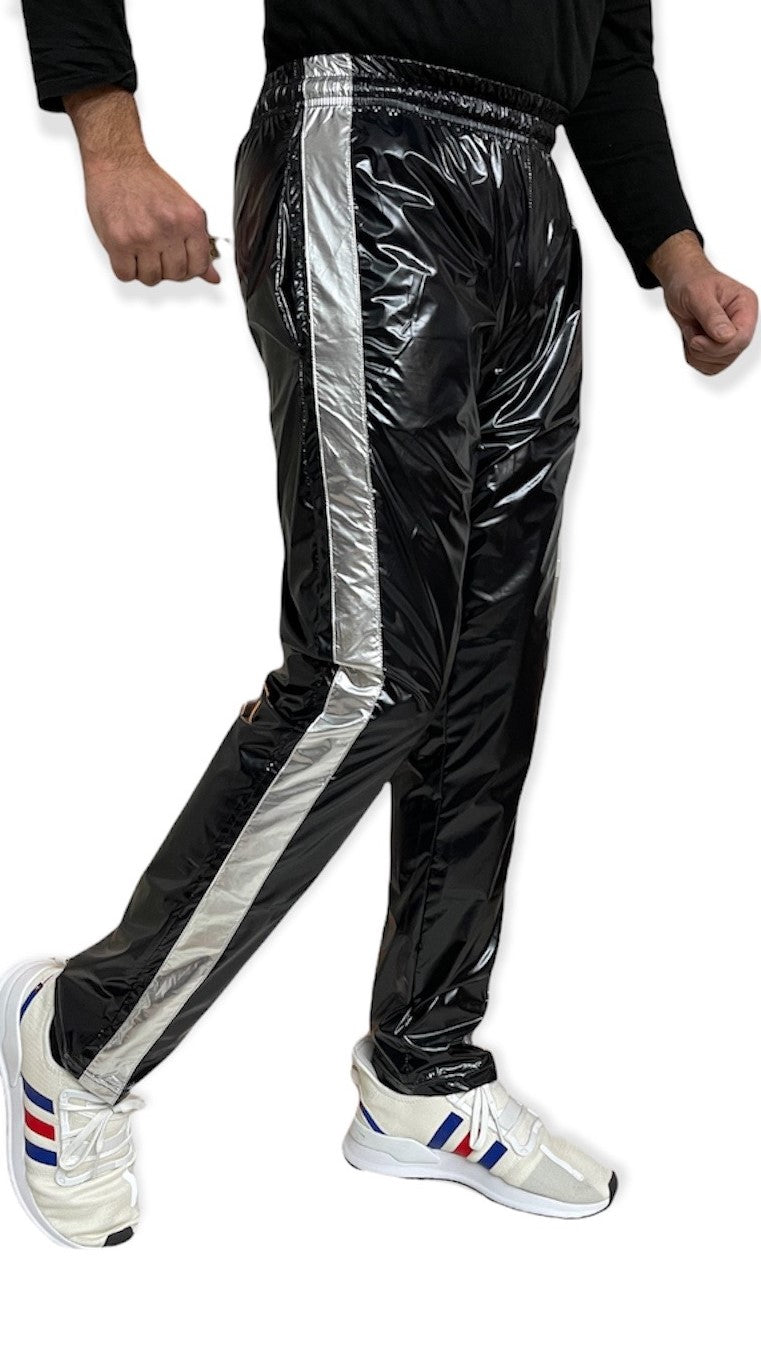 PU Nylon Sport Jogginghose aus PU Schwarz Silber Glanz Nylon