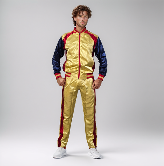 Shimmering Elegance: Gold and Red Satin Nylon Activewear Ensemble