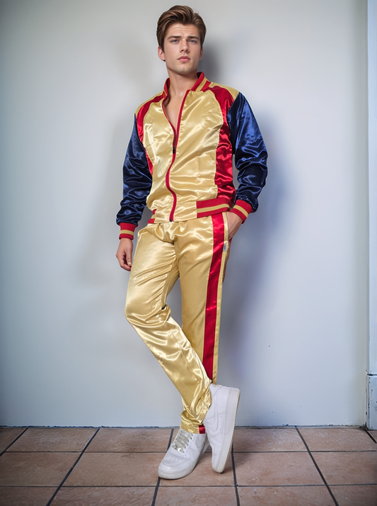 Schimmernde Eleganz: Activewear-Ensemble aus Satin-Nylon in Gold und Rot