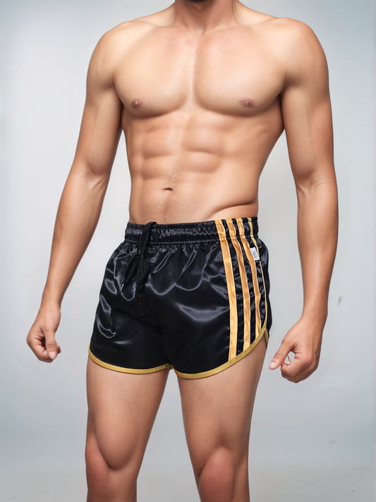 Schwarze, glatte Retro-Shorts aus Nylon-Satin: Eleganz und sportliche Athletik