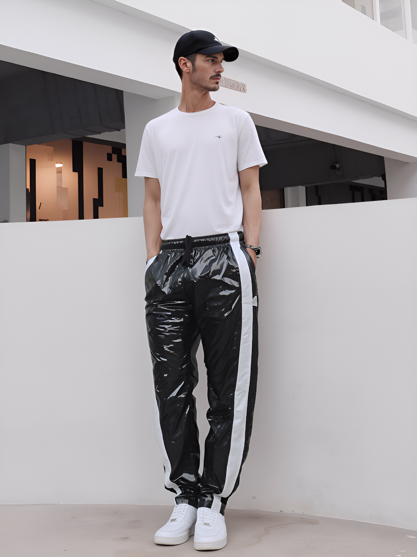 Sport-Jogginghose aus glänzendem schwarzem PU-Nylon - Glossy PU Nylon Pants