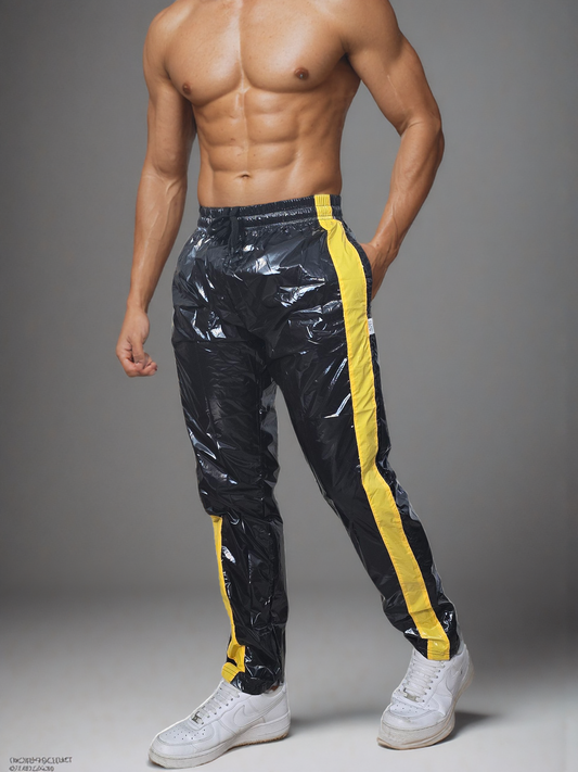 PU Nylon Sport Jogginghose aus PU Glanznylon gelbe Streifen
