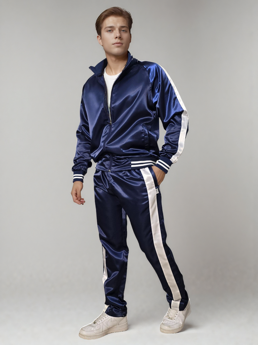 Navy Blue Satin Sports Jogging Suit with white Stripes.