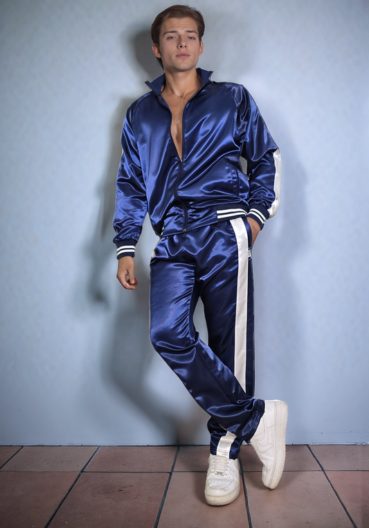 Satin Nylon Sport Jogginganzug aus glänzendem, marineblauem Nylon
