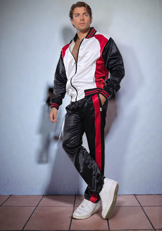 Schimmernde Eleganz: Activewear-Ensemble aus Satin-Nylon in Gold und Rot