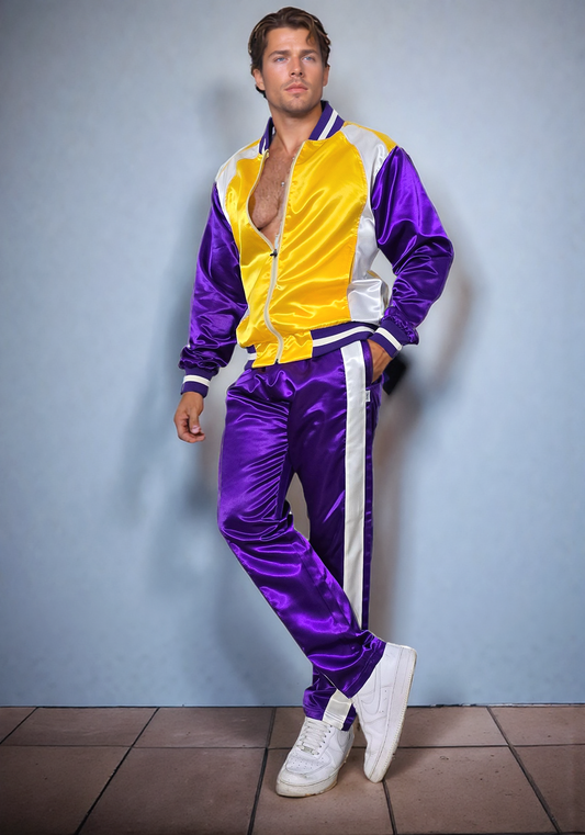 Schimmernde Eleganz: Activewear-Ensemble aus Satin-Nylon in Gold und Rot