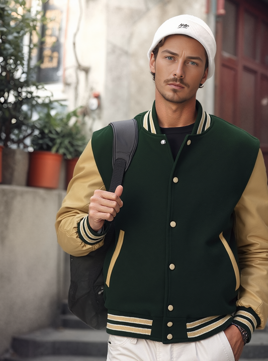 Collegejacke Baseballjacke aus Wolle Orange Stripes mit cremefarbenen Ärmeln aus Rindsleder