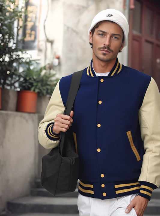 Collegejacke Baseballjacke aus Wolle Orange Stripes mit cremefarbenen Ärmeln aus Rindsleder