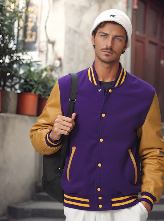 Collegejacke Baseballjacke aus Wolle Orange Stripes mit cremefarbenen Ärmeln aus Rindsleder