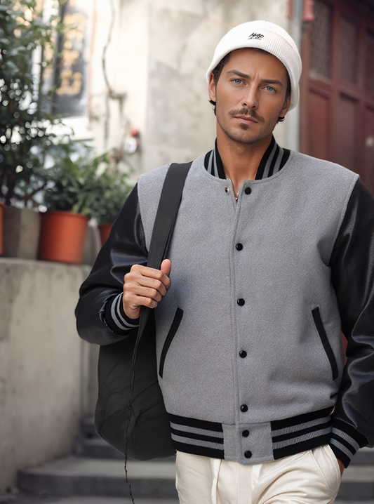 Collegejacke Baseballjacke aus Wolle Orange Stripes mit cremefarbenen Ärmeln aus Rindsleder