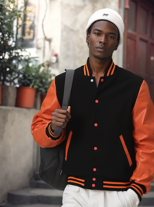 Collegejacke Baseballjacke aus Wolle mit orangen Ärmeln aus Rindsleder 