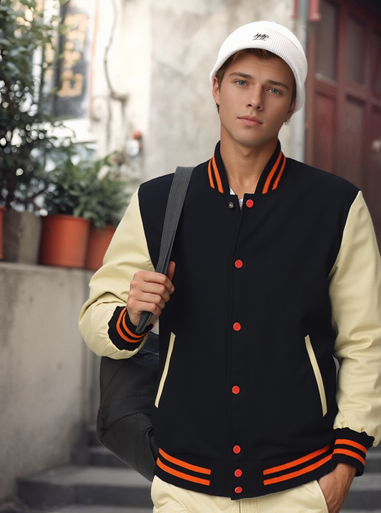 Collegejacke Baseballjacke aus Wolle Orange Stripes mit cremefarbenen Ärmeln aus Rindsleder