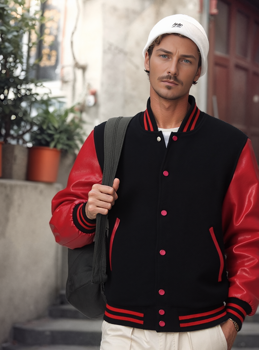 Collegejacke Baseballjacke aus Wolle Orange Stripes mit cremefarbenen Ärmeln aus Rindsleder