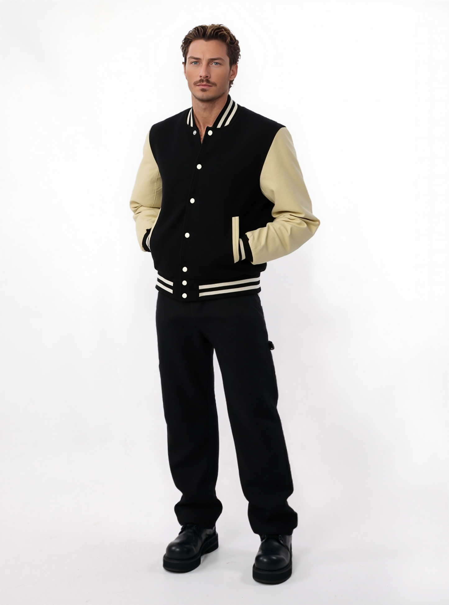 Black Wool Varsity Baseball Jacket with Cream Cowhide Leather Sleeves