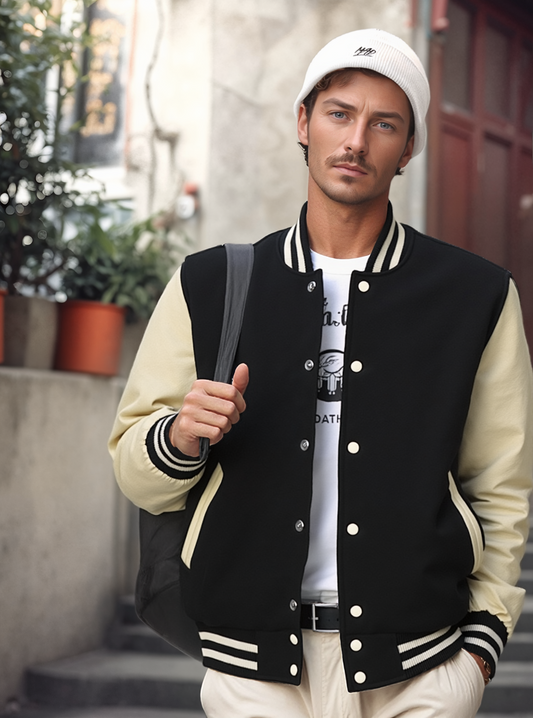 Collegejacke Baseballjacke aus Wolle Orange Stripes mit cremefarbenen Ärmeln aus Rindsleder