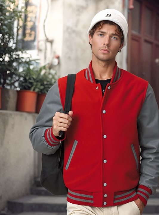 Collegejacke Baseballjacke aus Wolle Orange Stripes mit cremefarbenen Ärmeln aus Rindsleder