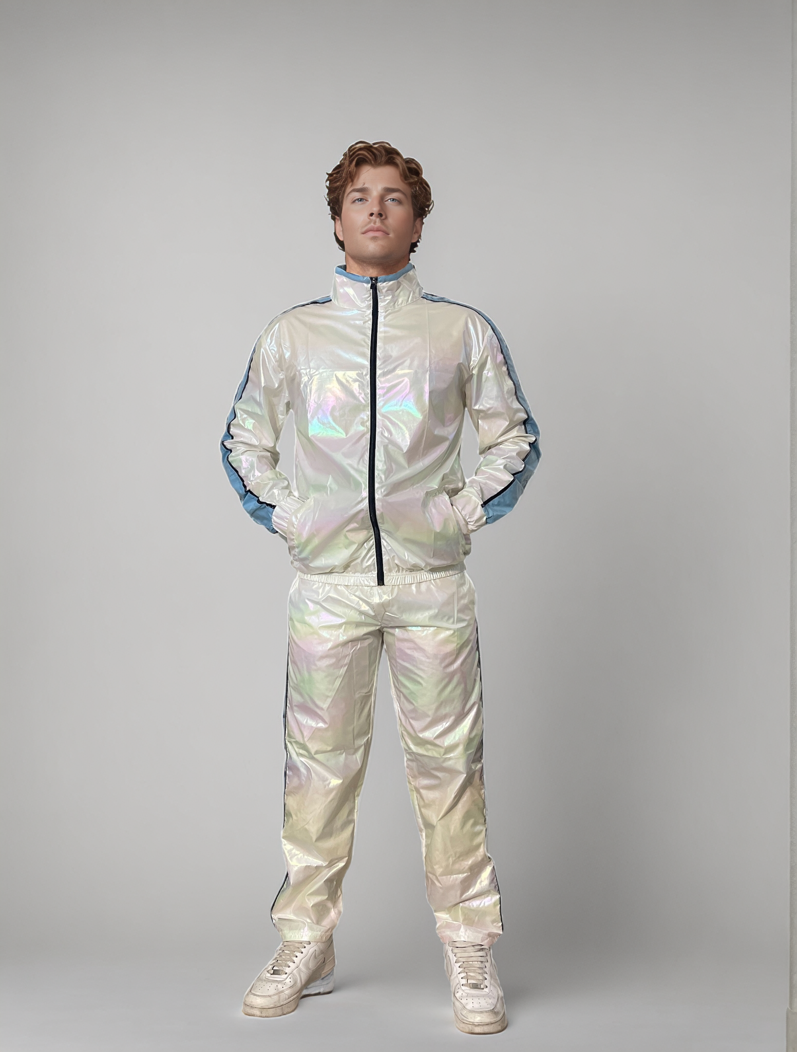 PU-Holographic Tracksuit – Weiß mit Sky-Blue and Black Accents