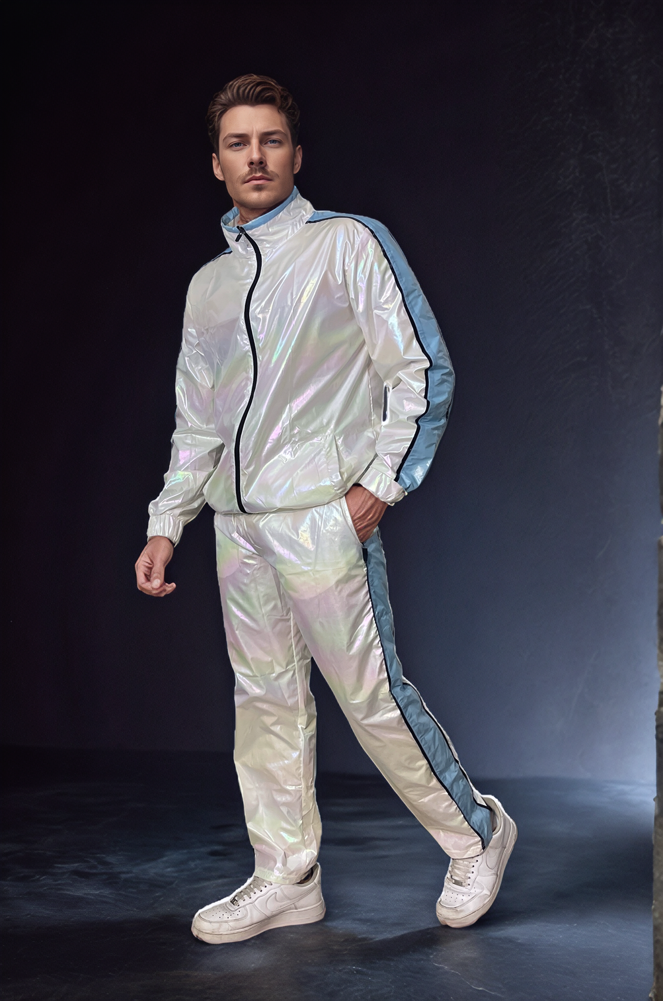 PU-Holographic Tracksuit – Weiß mit Sky-Blue and Black Accents